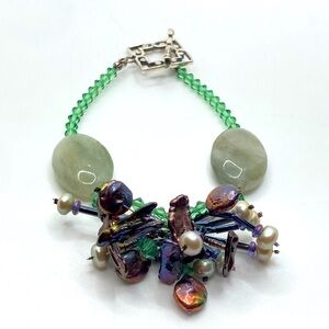 Vtg Sterling Floral Real Pearl Crystal Bead & Gemstone Bracelet Approx 8” - 8.5”